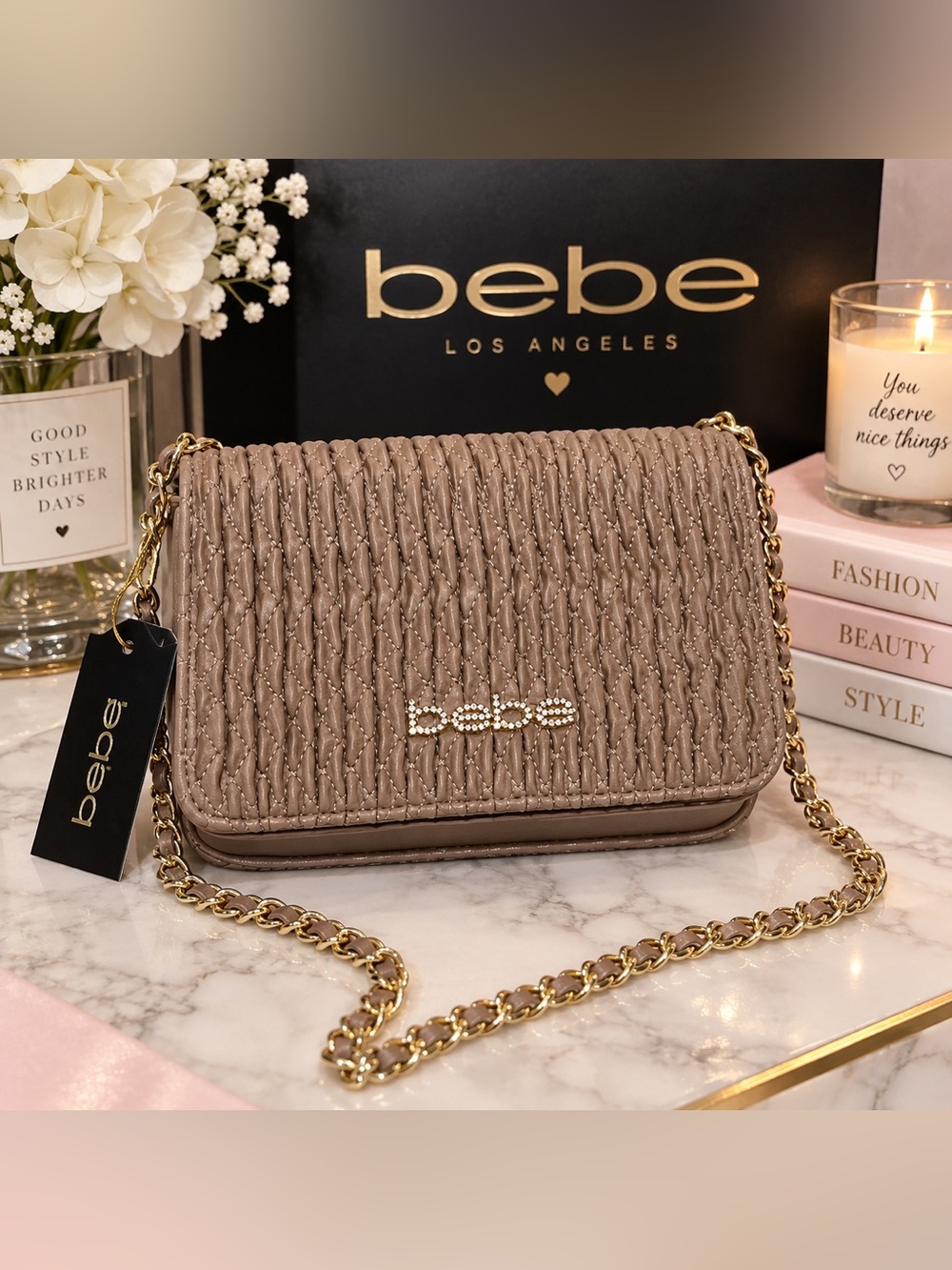 NWT bebe Taupe Quilted Shoulder Crossbody Bag Gold Chain Rhinestone Logo